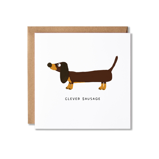 Well Done card with illustration of a Dachshund sausage dog on it with Clever Sausage written underneath.