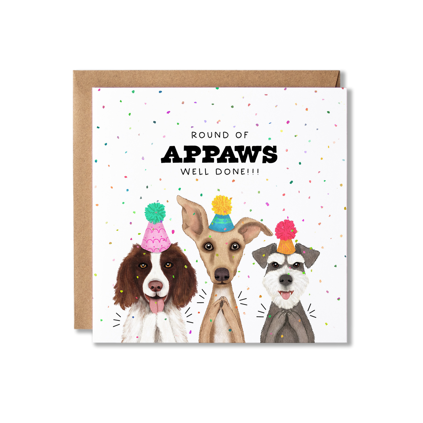 Well Done card with illustration of three dogs in party hats clapping and confetti in the background with the message Round of Appaws Well Done.