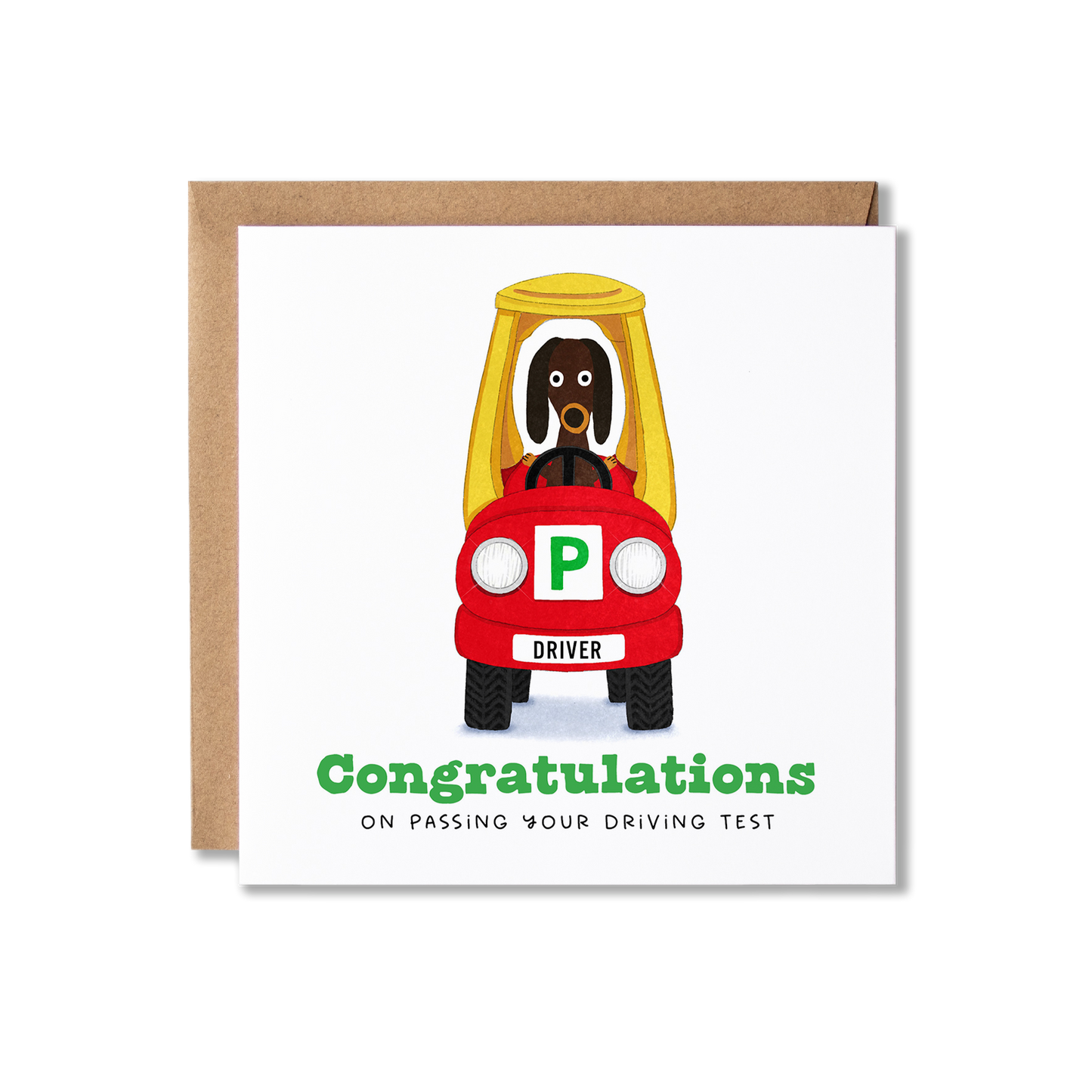 Congratulations card with illustration of red and yellow car with dog sitting in the driving seat with the message Congratulations on Passing You Driving Test.