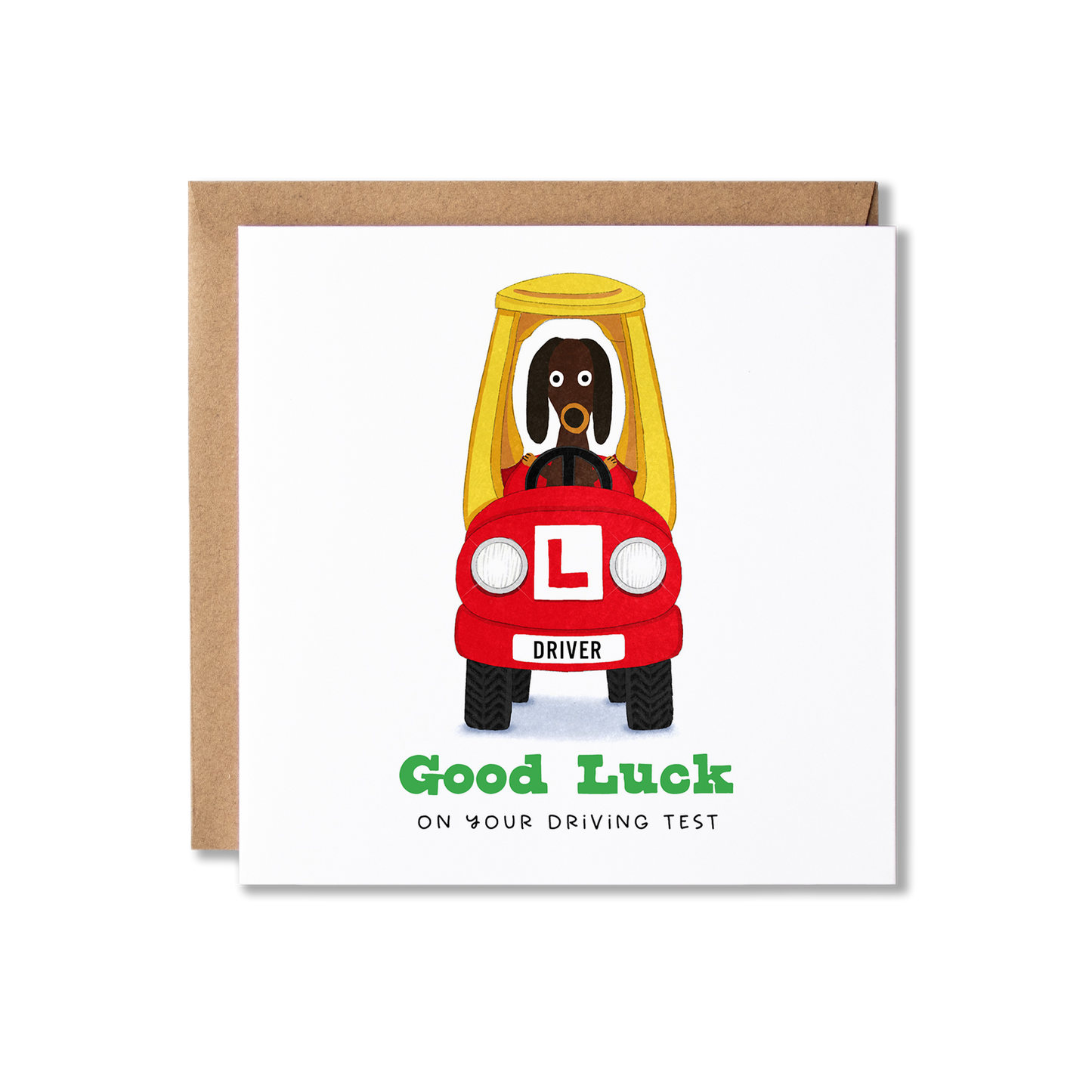 Good Luck card with illustration of red and yellow car with dog sitting in the driving seat with the message Good Luck on You Driving Test.