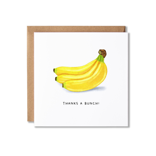 Thank you card with illustration of a bunch of bananas with the message Thanks a Bunch.