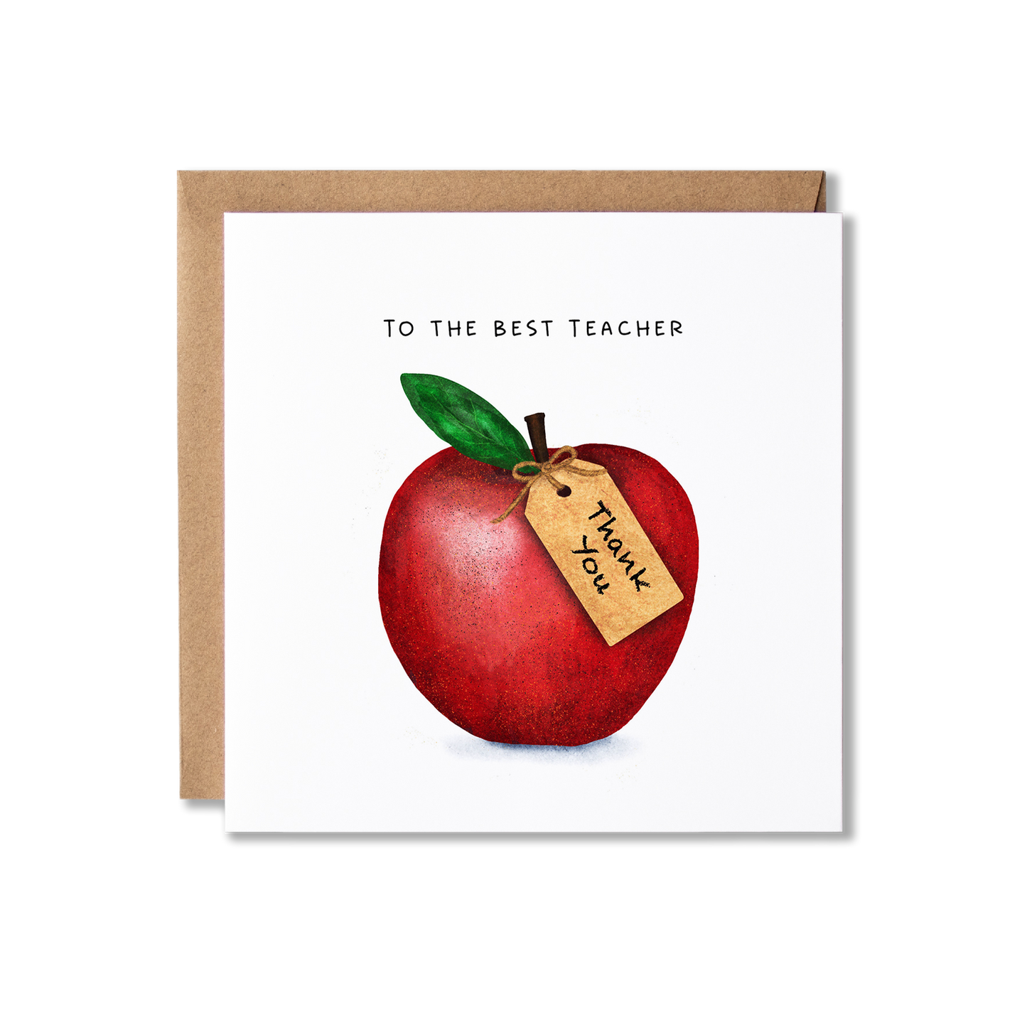 Thank you card with illustration of an apple with a tag on it saying Thank you with the message To the Best Teacher.
