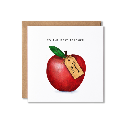 Thank you card with illustration of an apple with a tag on it saying Thank you with the message To the Best Teacher.
