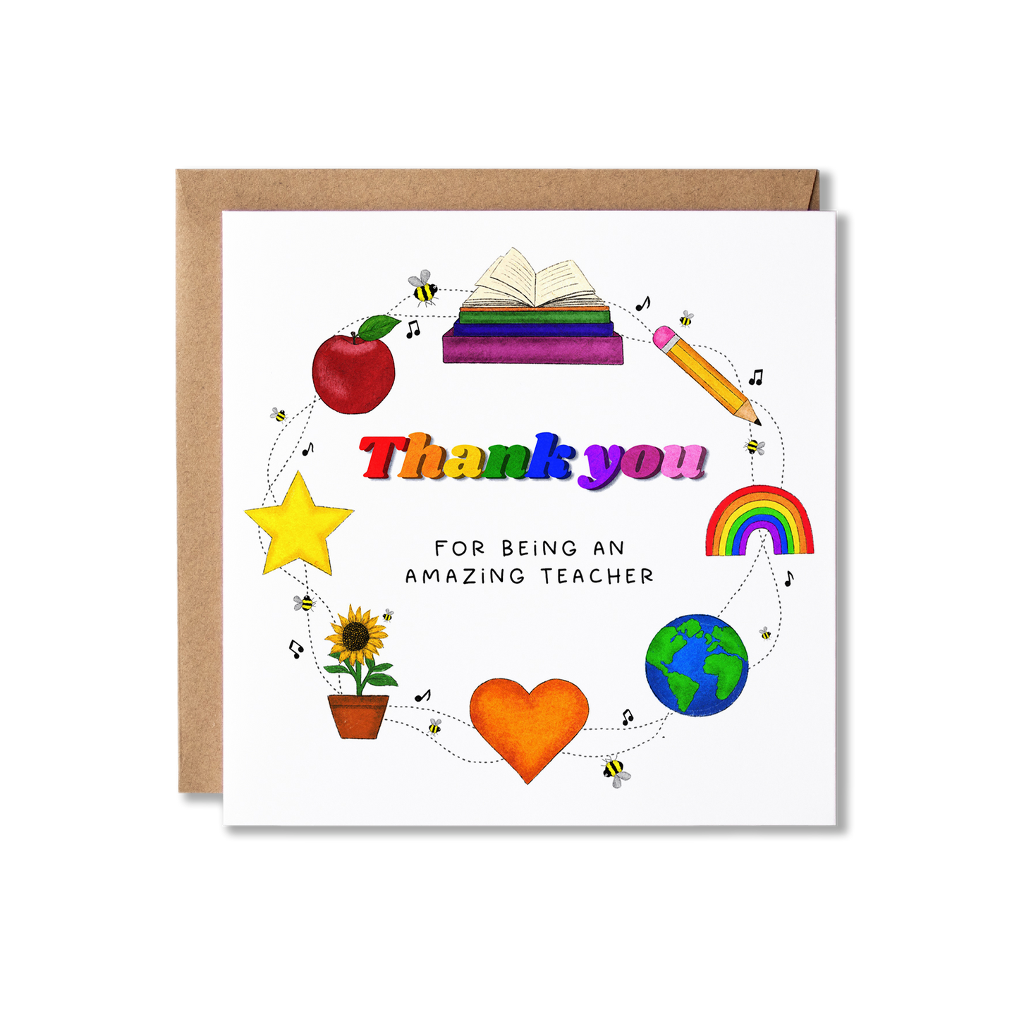 Thank you card with illustation of books, pencil, rainbow, globe, heart, sunflower, star and an apple in a circle around Thank you in multi colours with the message For Being an Amazing Teacher.