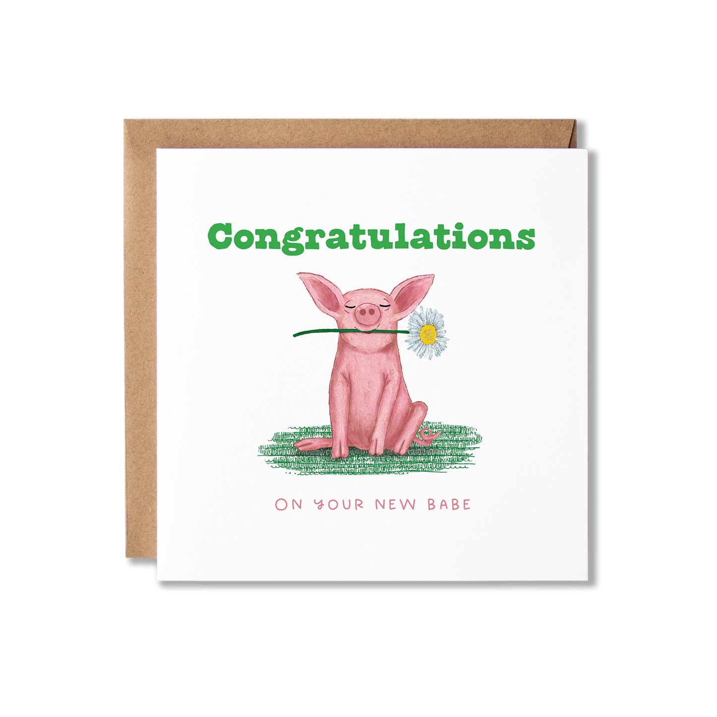 Congratulations card with illustration of a piglet holding a daisy in it's mouth sitting on some grass with the message Congratulations on your New Babe.