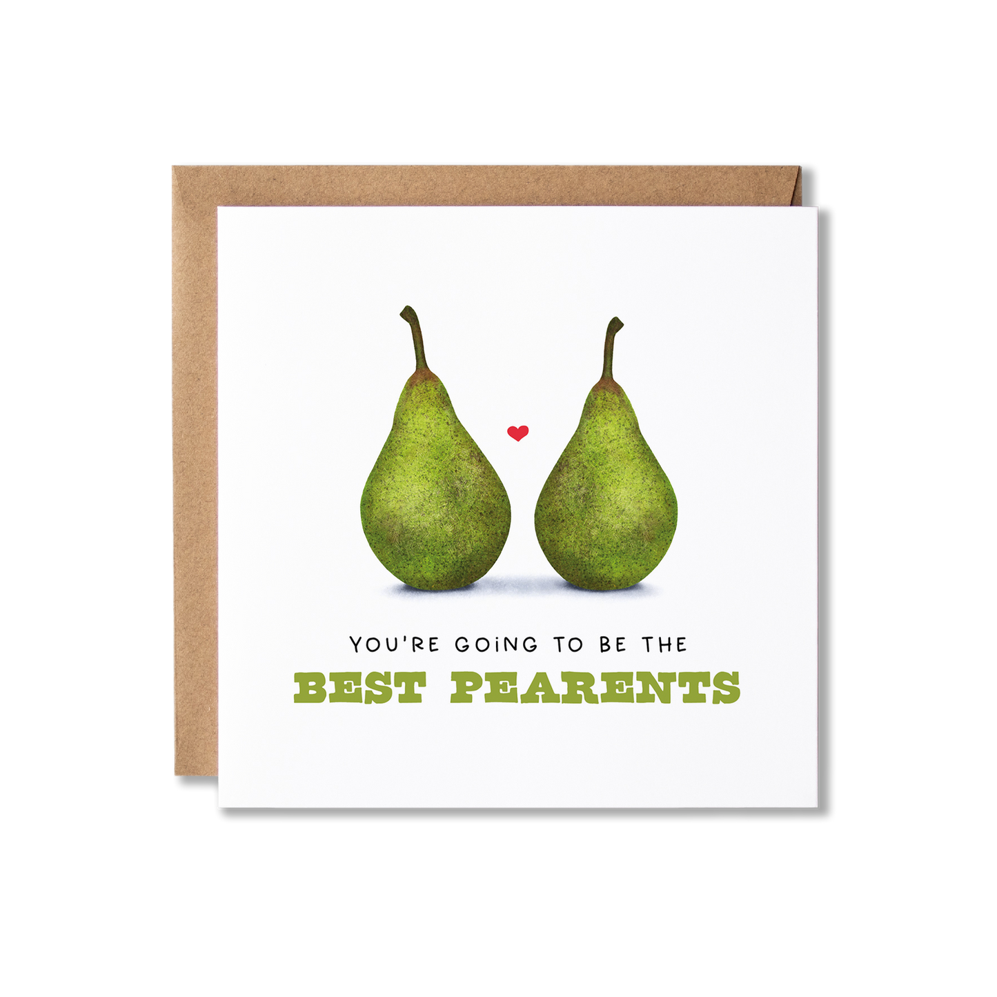 Congratulations card with illustration of two green pears and a small heart in between them with the message You're going to be the Best Pearents.