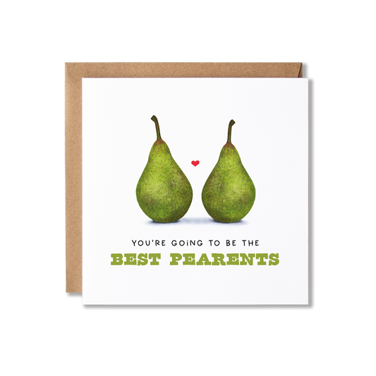 Congratulations card with illustration of two green pears and a small heart in between them with the message You're going to be the Best Pearents.
