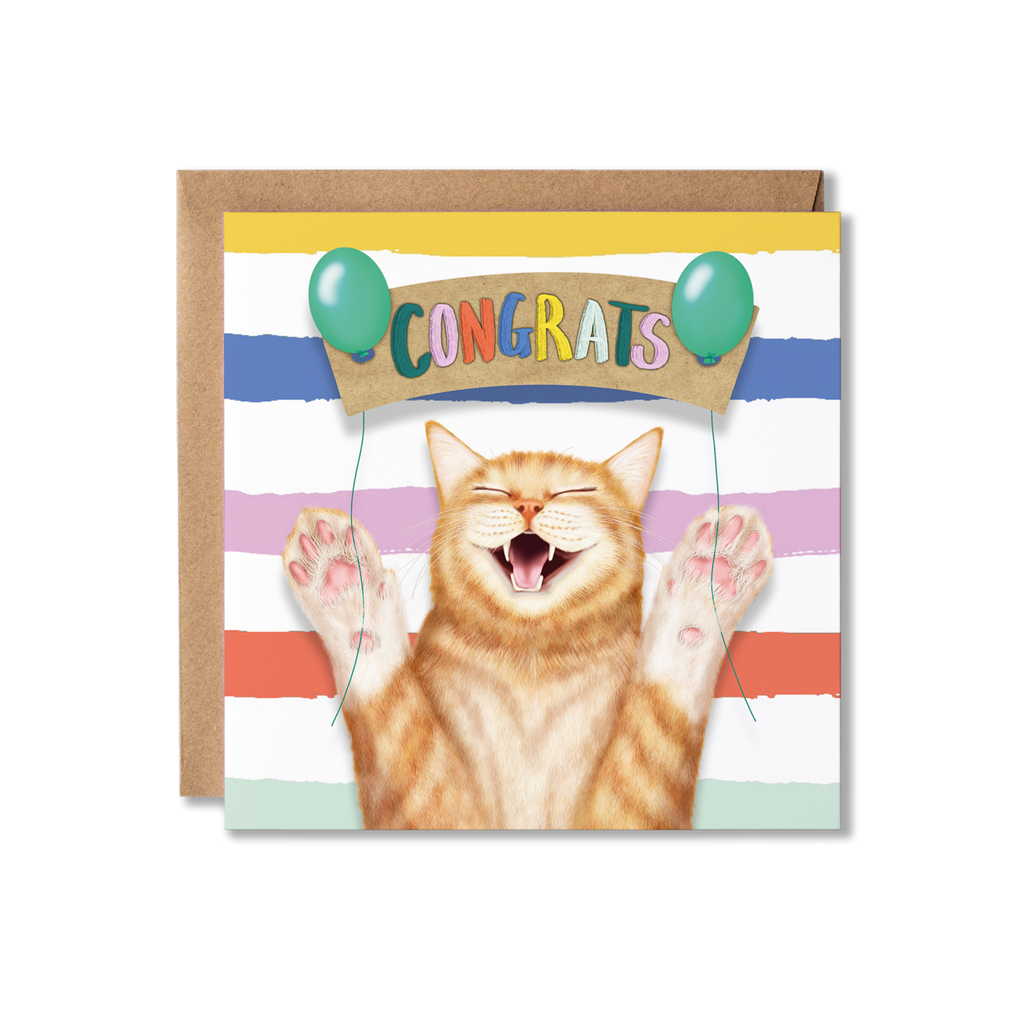 Greeting card with a cat and 'Congrats' banner on a striped background