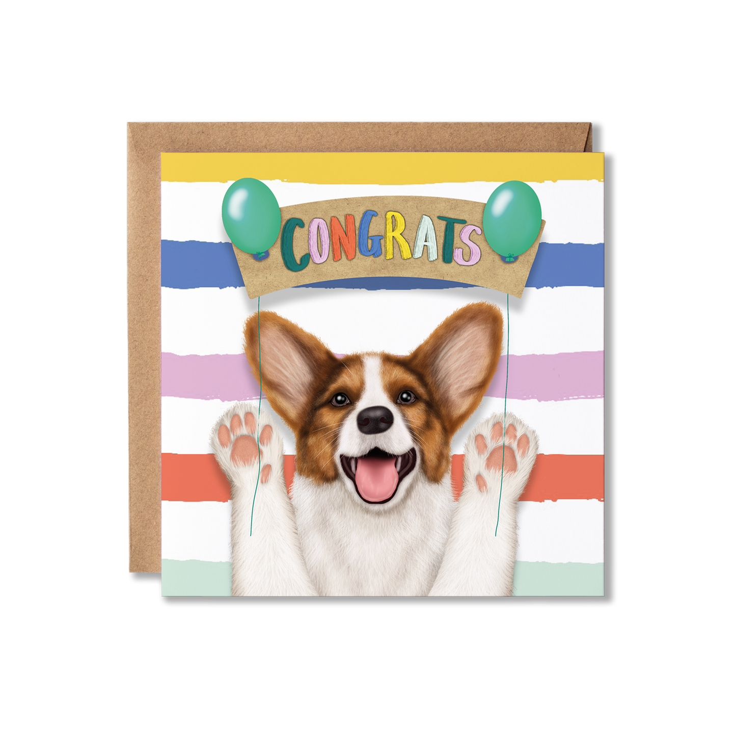 Greeting card with a dog illustration and 'Congrats' text on a striped background