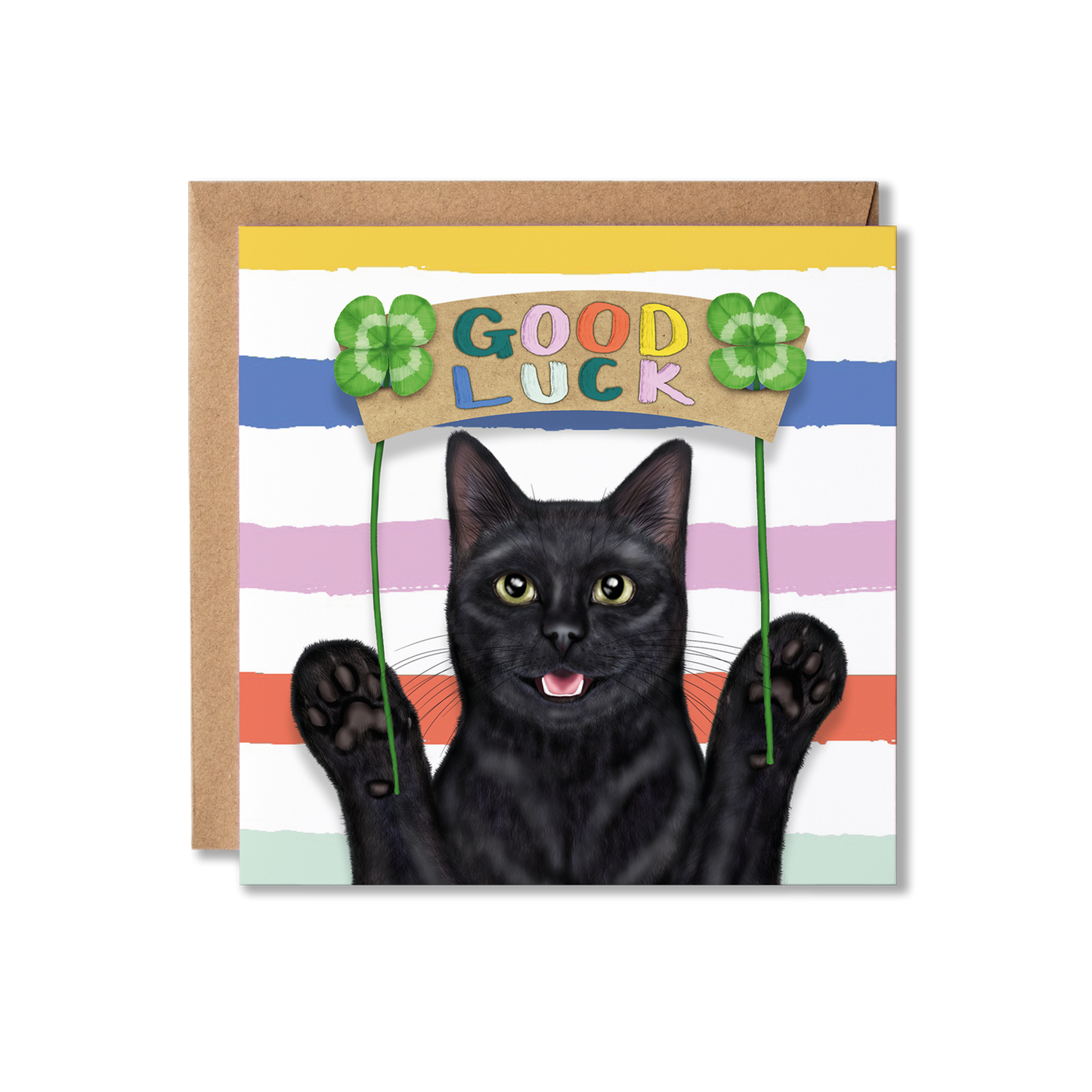 Greeting card with a black cat holding a 'Good Luck' sign with clovers on a striped background.