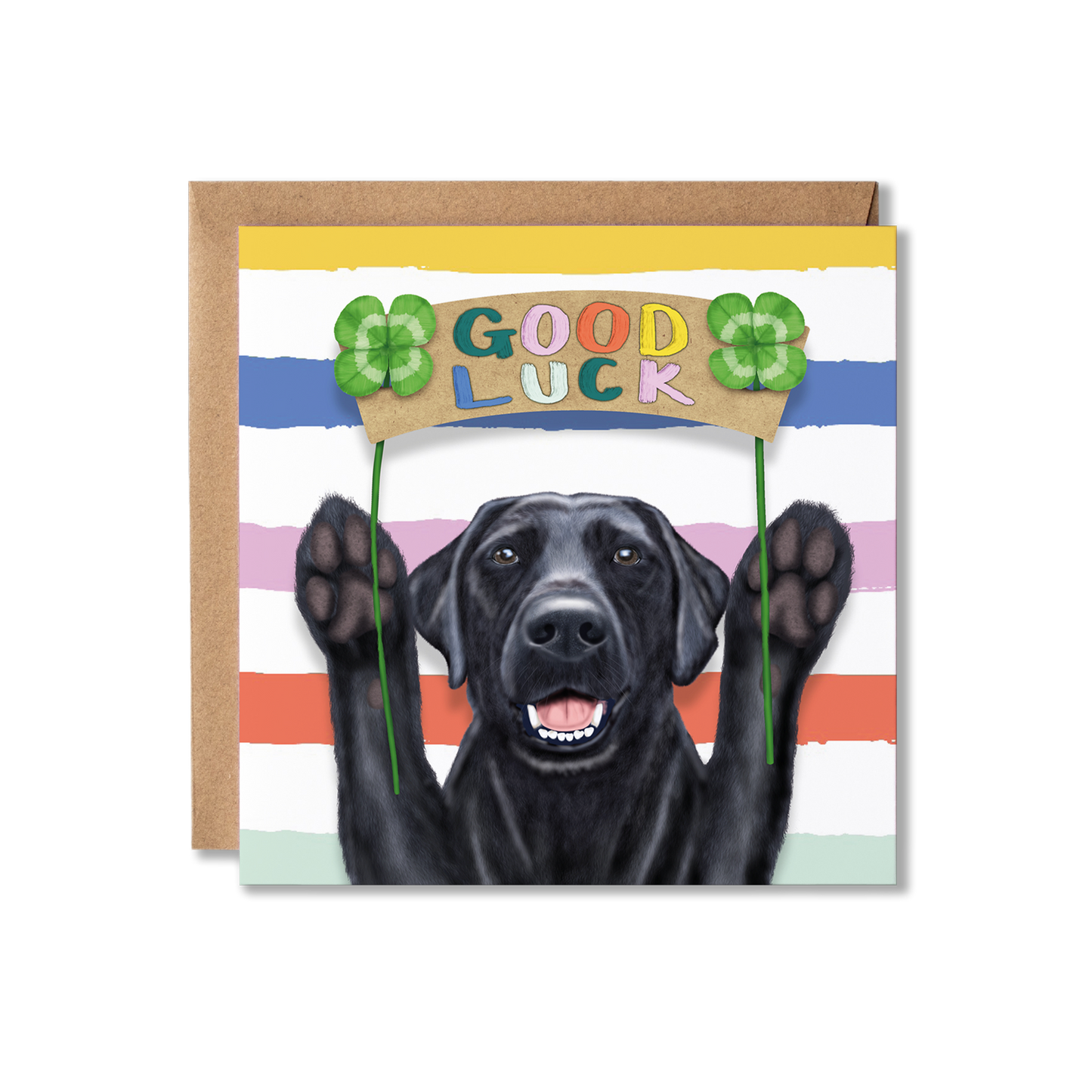 Greeting card with a black Labrador dog holding four-leaf clovers and 'Good Luck' sign on striped background