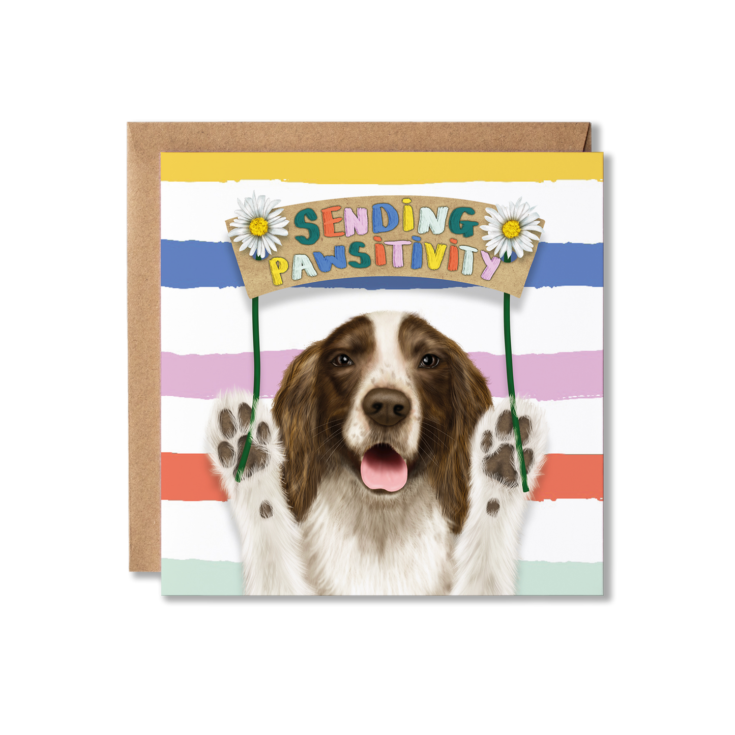 Card with a dog and 'Sending Pawsitivity' text on a colorful striped background