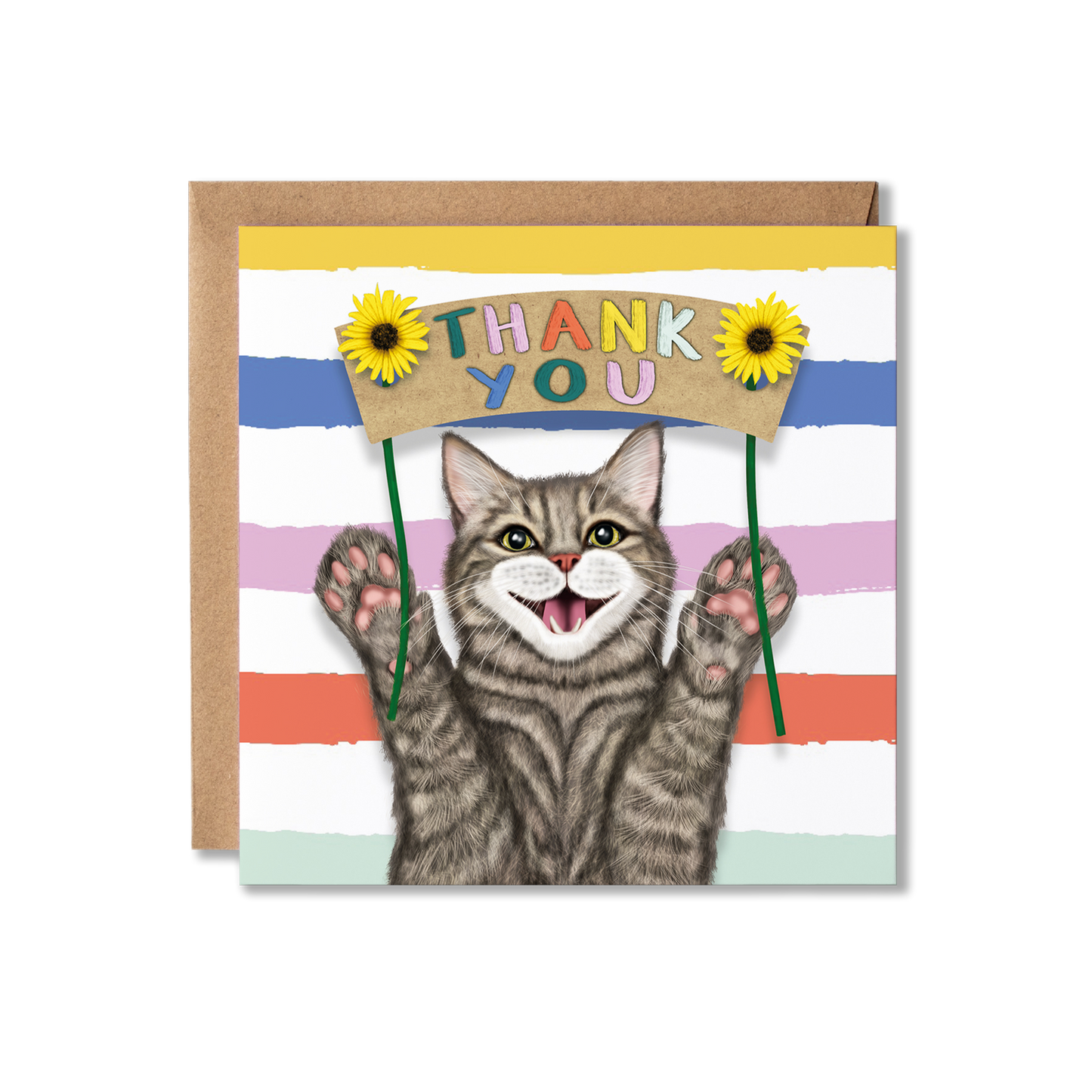 Greeting card with a cat illustration and 'Thank You' text on a striped background