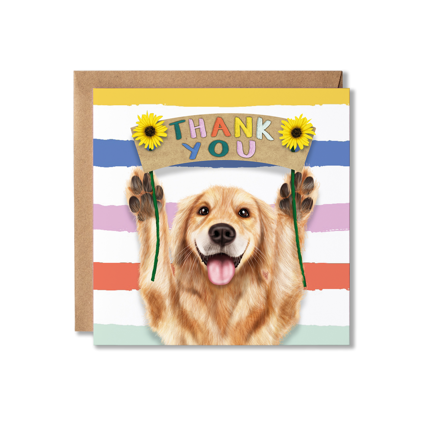 Greeting card with a Golden Retriever dog holding a 'Thank You' sign on a striped background