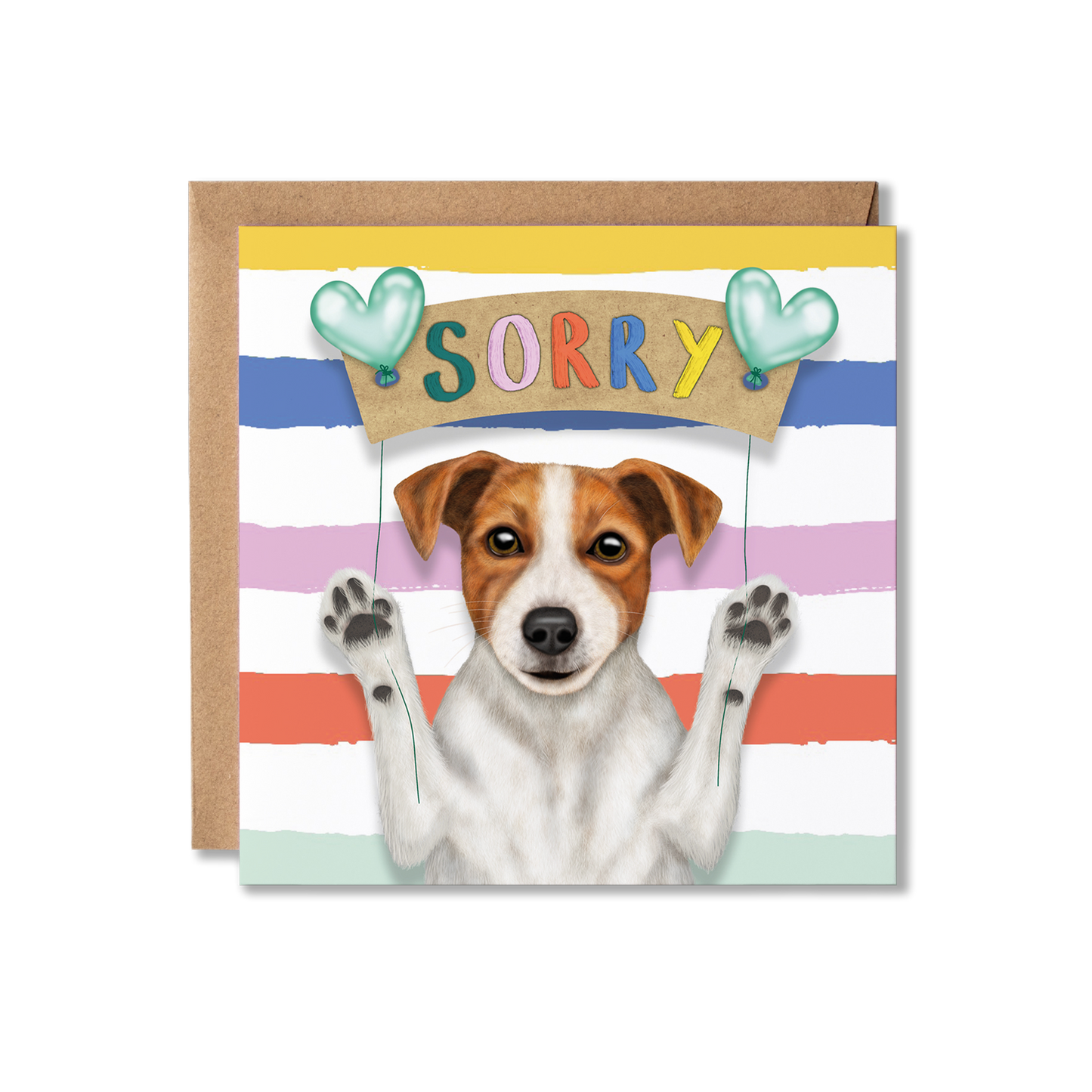 Card with a Jack Russell dog illustration and 'Sorry' text on a striped background