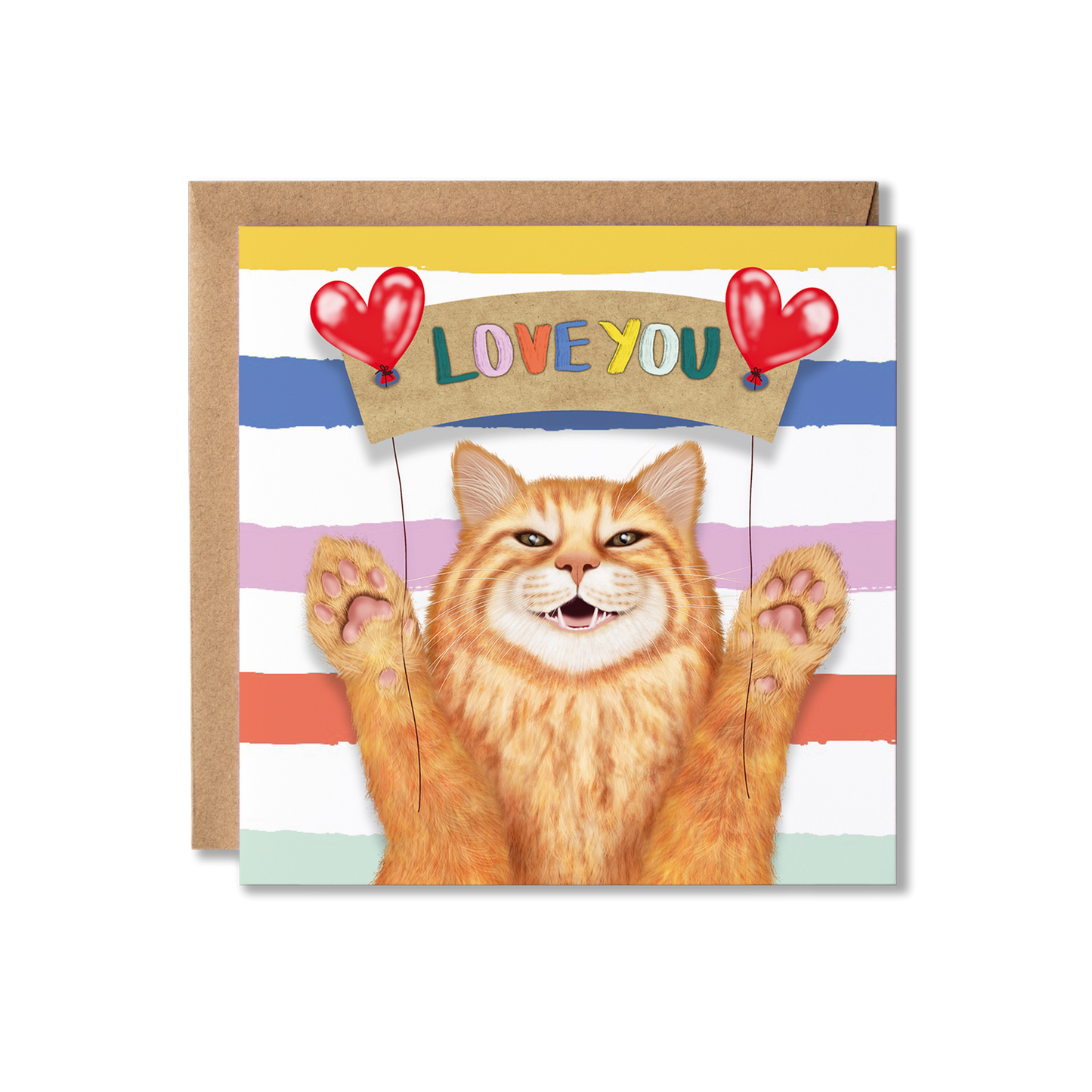 Greeting card with a cat illustration and 'Love You' text on a striped background