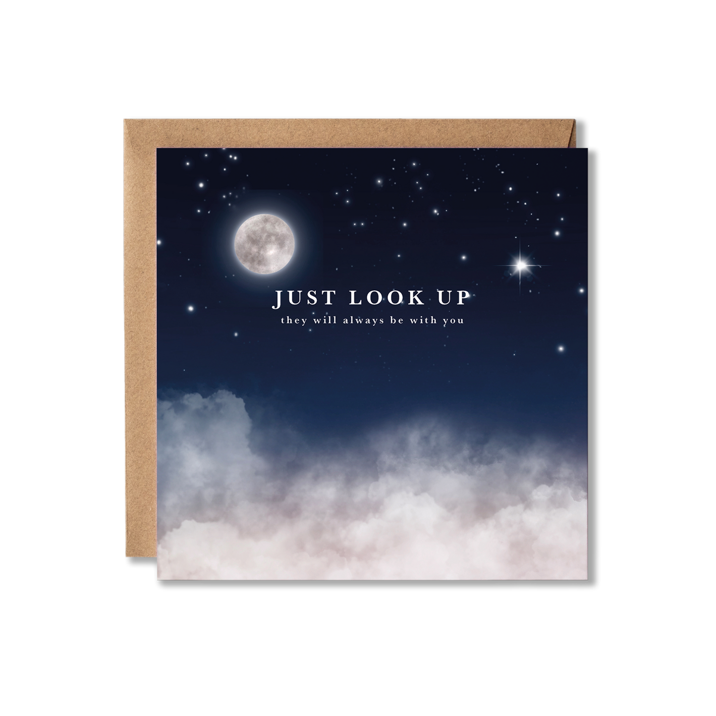 Greeting card with moon and stars design and text 'Just look up, they will always be with you' above the cloouds.