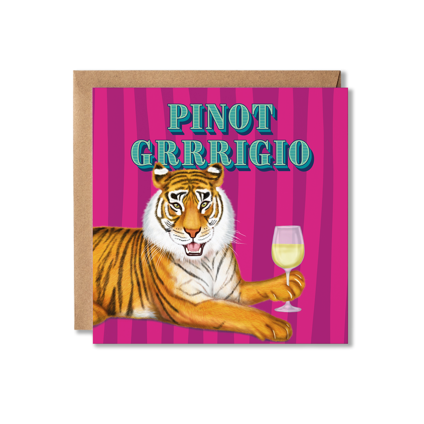 Card with a tiger holding a glass of wine and the text 'Pinot Grrrigio' on a pink striped background.