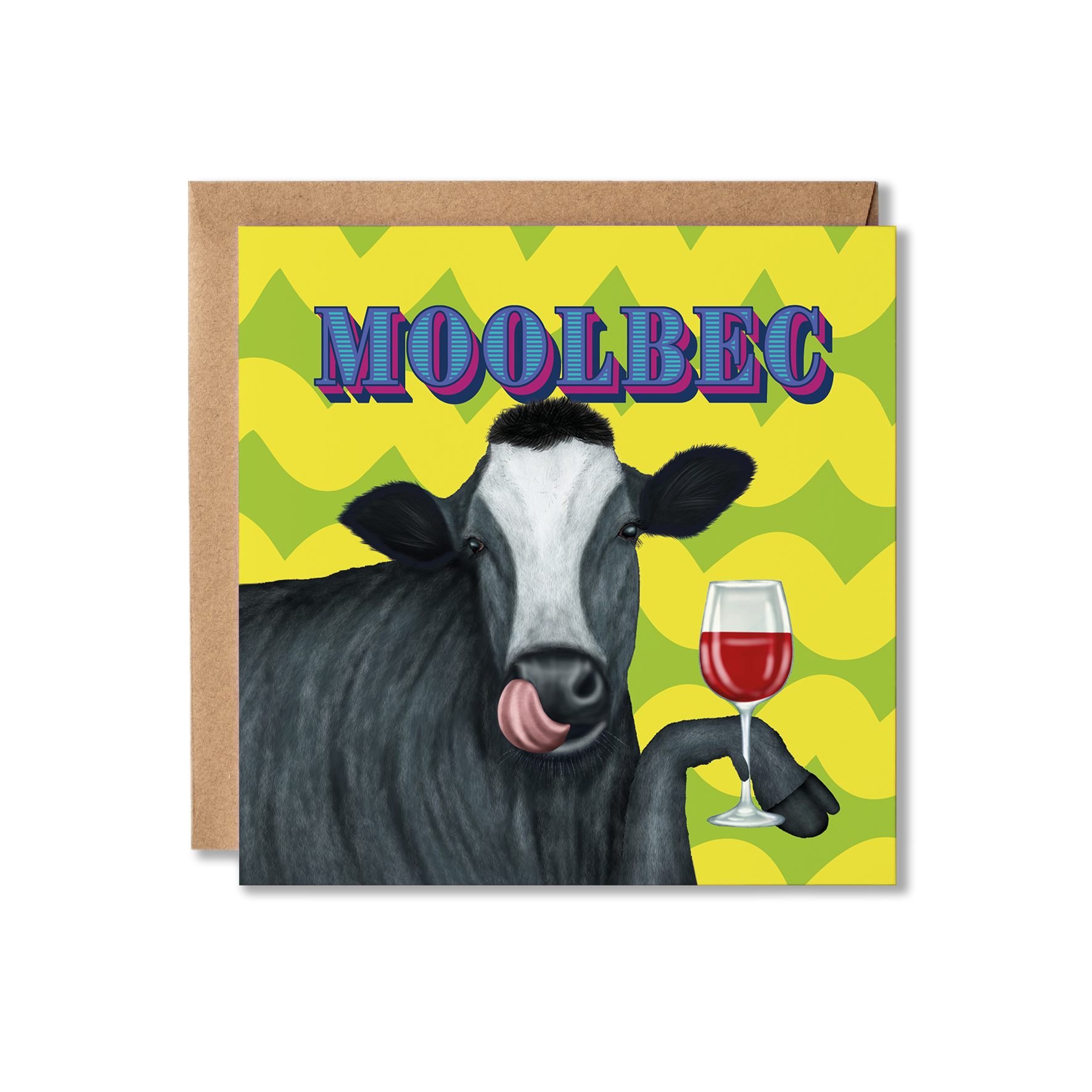 Card with a cow holding a glass of red wine and the word 'Moolbec' on a yellow and green patterned background.