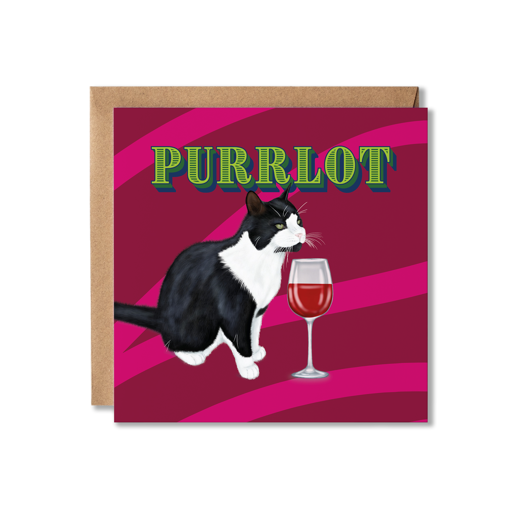 Card with a cat and wine glass illustration and 'PURRLOT' text on a crimson background
