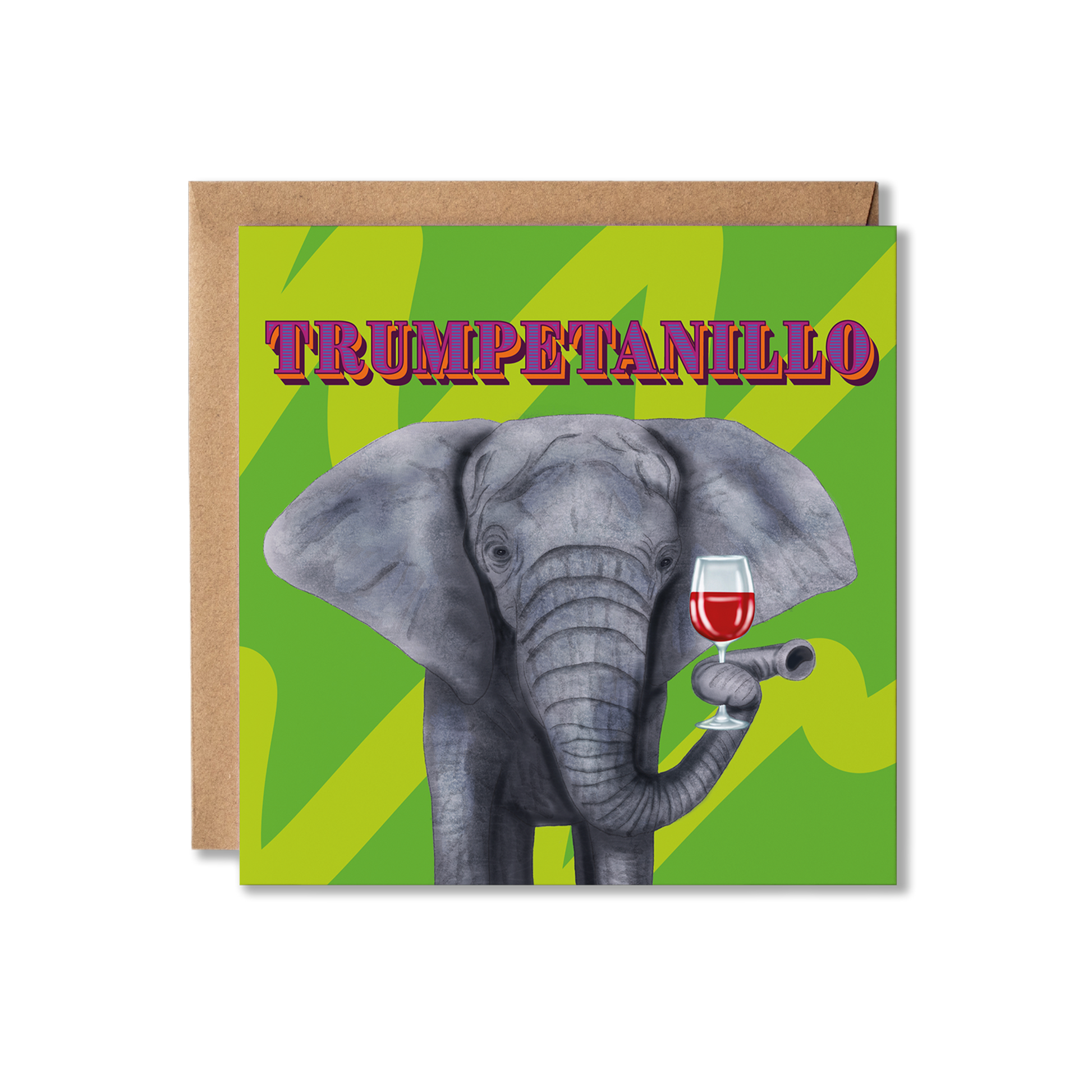 Card with an elephant holding a wine glass and the text 'Trumpetanillo' on a green background.