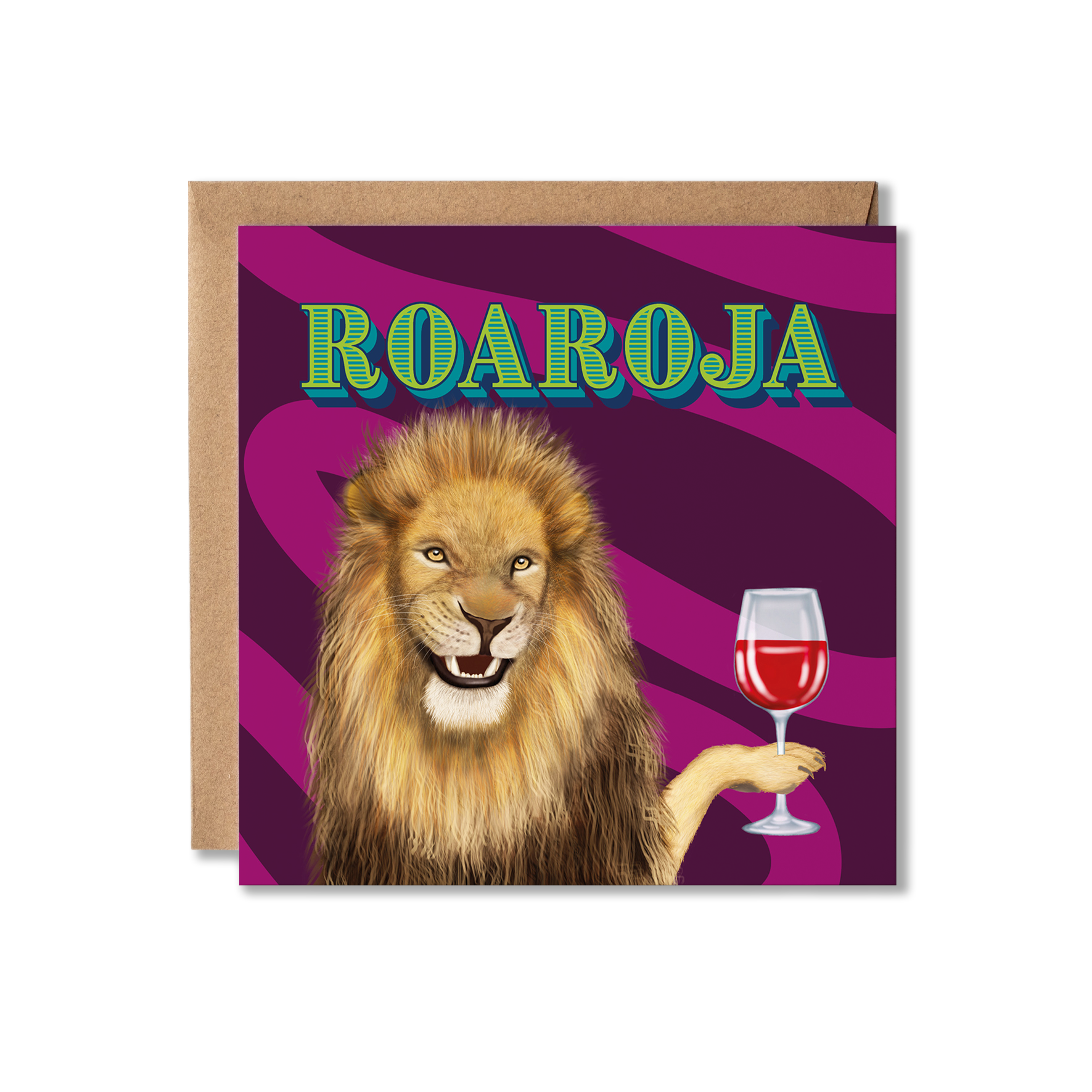 Card with a lion holding a glass of red wine against a purple striped background, featuring the text 'ROAROJA'.