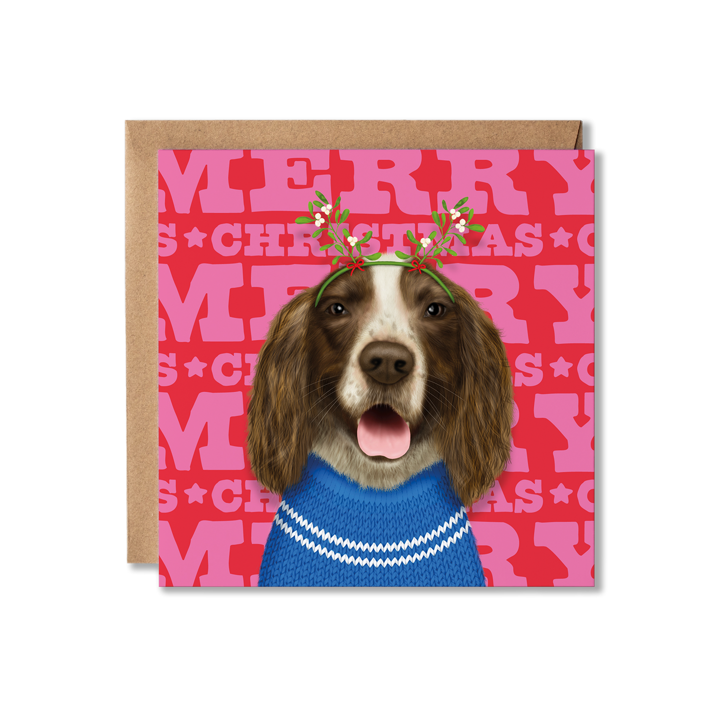 A brown and white Spaniel dog in a Christmas jumper with a colourful Merry Christmas background.