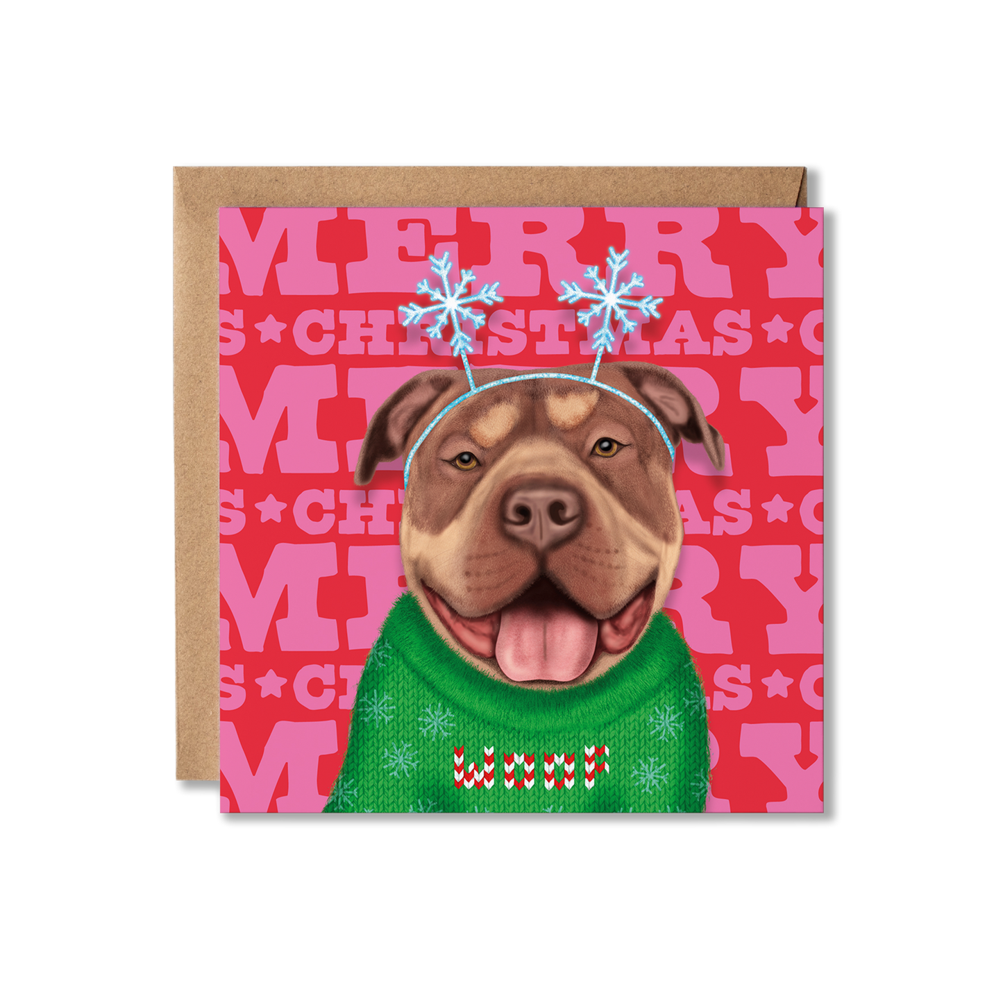 A XL Bully dog in a Christmas jumper and snowflake bobble headband with a colourful Merry Christmas background