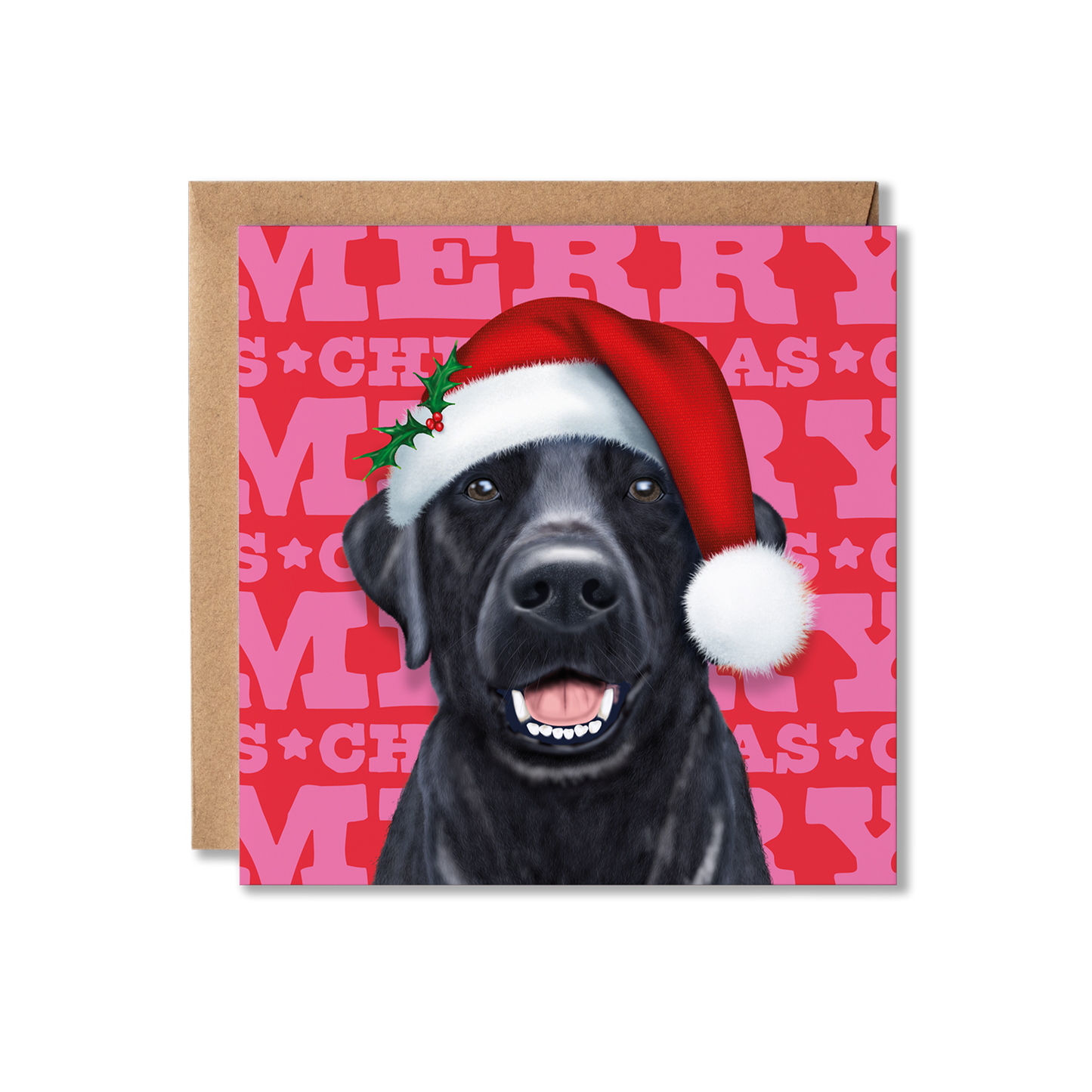 A black Labrador dog in a Santa hat with a colourful Merry Christmas background