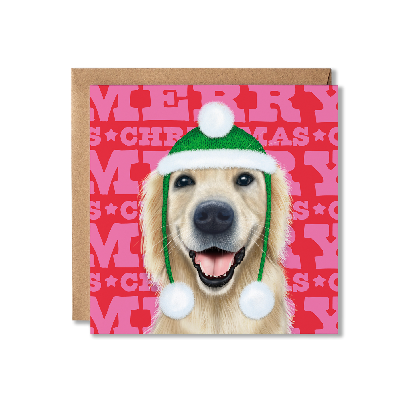 A Golden Retriever dog in a green and white bobbler hat with a colourful Merry Christmas background