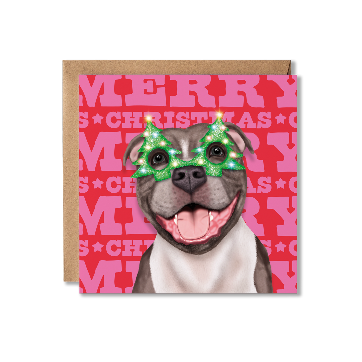 A Staffordshire Bull Terrier dog in a Christmas tree glasses with a colourful Merry Christmas background