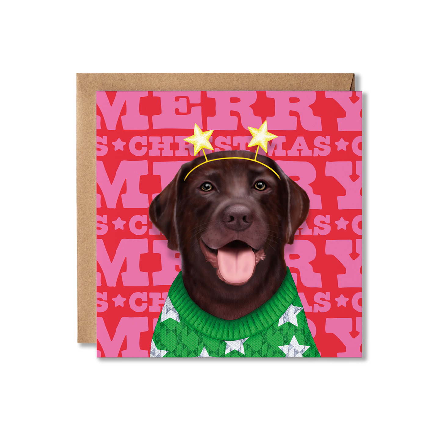 A chocolate Labrador in a green Christmas jumper with a star headband and Merry Christmas background