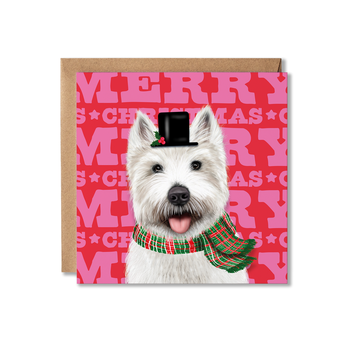 A Westie dog in a snowman top hat and tartan scarf with a colourful Merry Christmas background