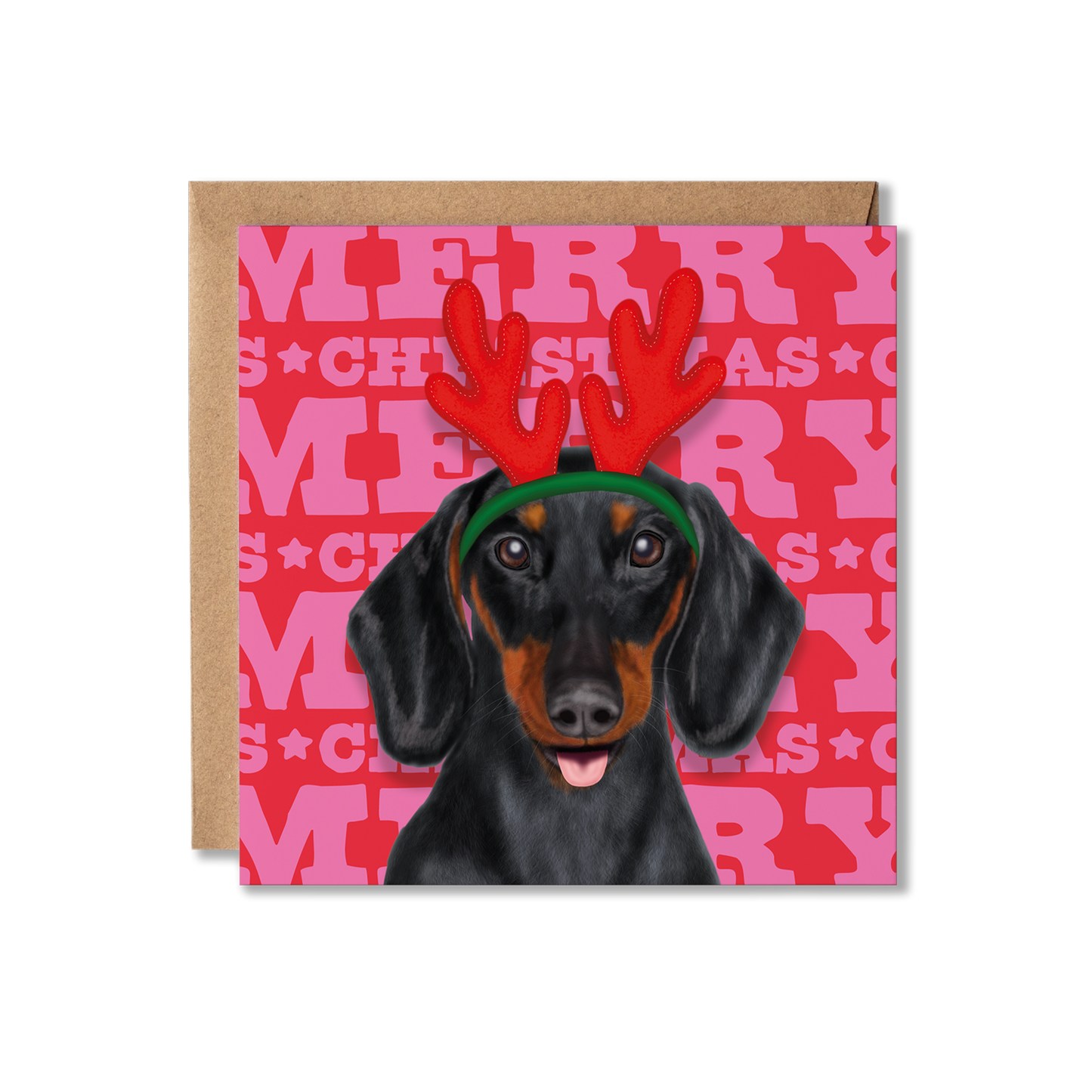 A Sausage dog Dachshund in a red reindeer headband and Merry Christmas background