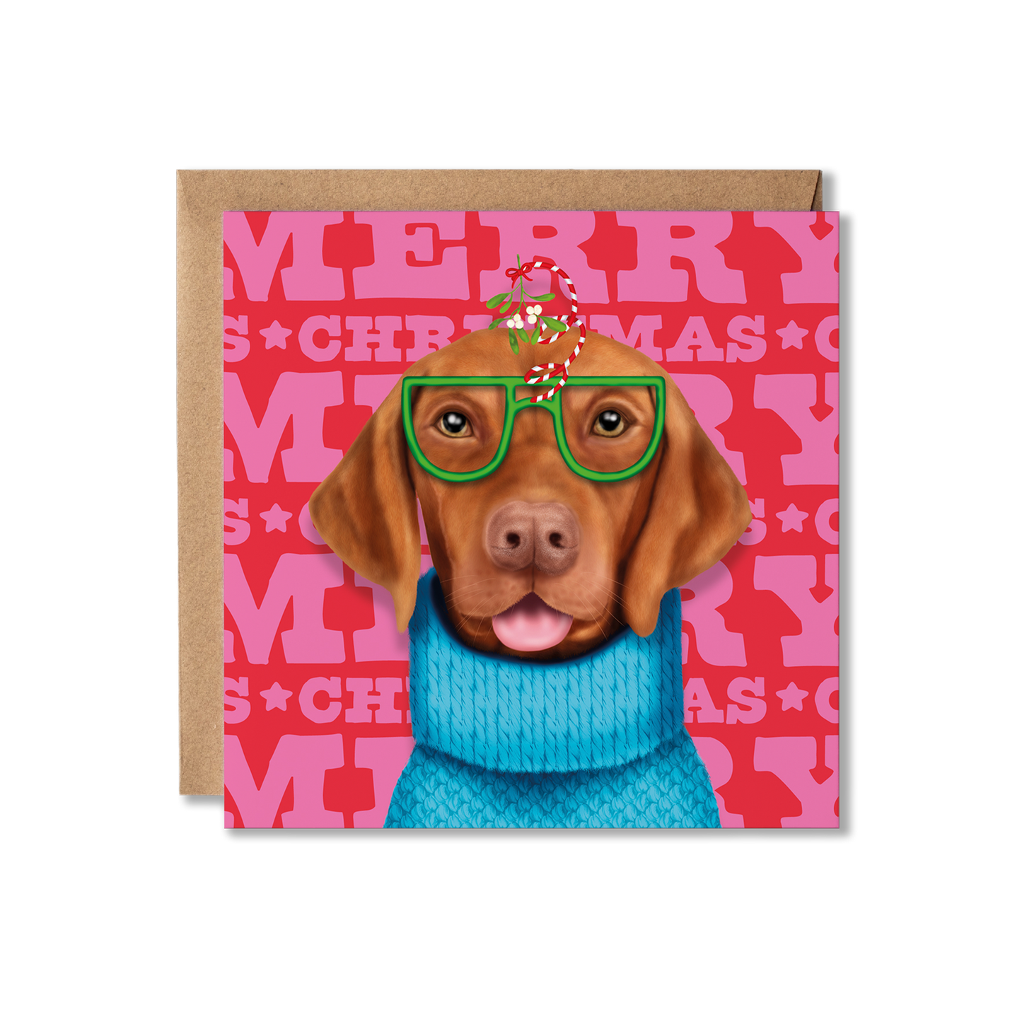 Hungarian Vizsla dog in a blue jumper and mistletoe glasses with a colourful Merry Christmas background