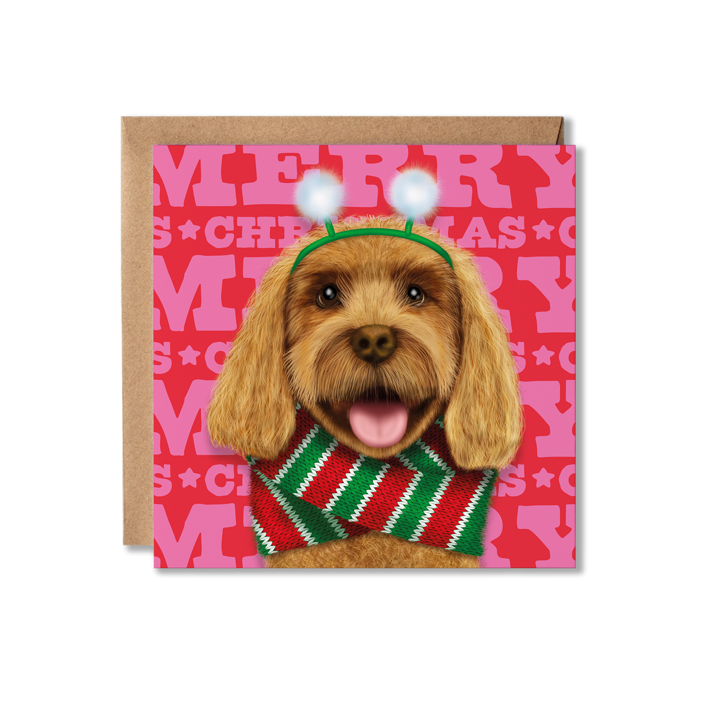 A tan cockerpoo dog in a fluffy snowball headband and red and green knitted scarf with a Merry Christmas background