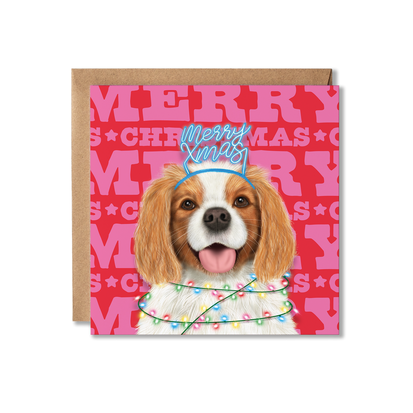 A King Charles Spaniel dog in a Merry Xmas headband and wrapped in Christmas lights with a colourful Merry Christmas background