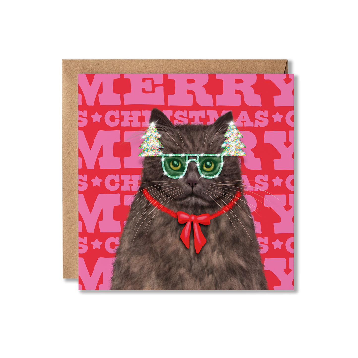 A British Long Hair Cat in Christmas tree glasses and a red bow with a colourful Merry Christmas background