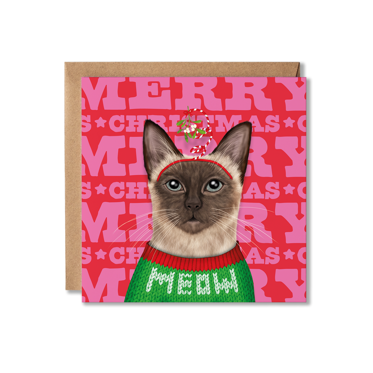 Greeting card with a Siamese cat wearing a Christmas sweater on a pink 'Merry Christmas' background