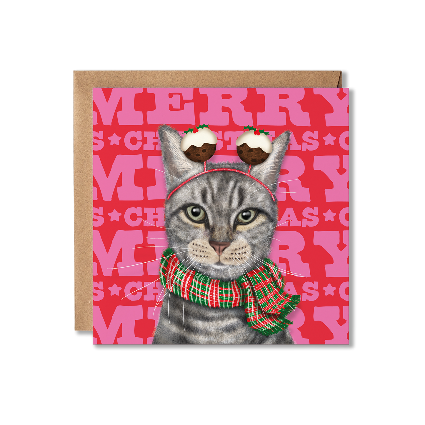 A grey tabby cat with a red and green tartan scarf and Christmas pudding bobblers with a colourful Merry Christmas background