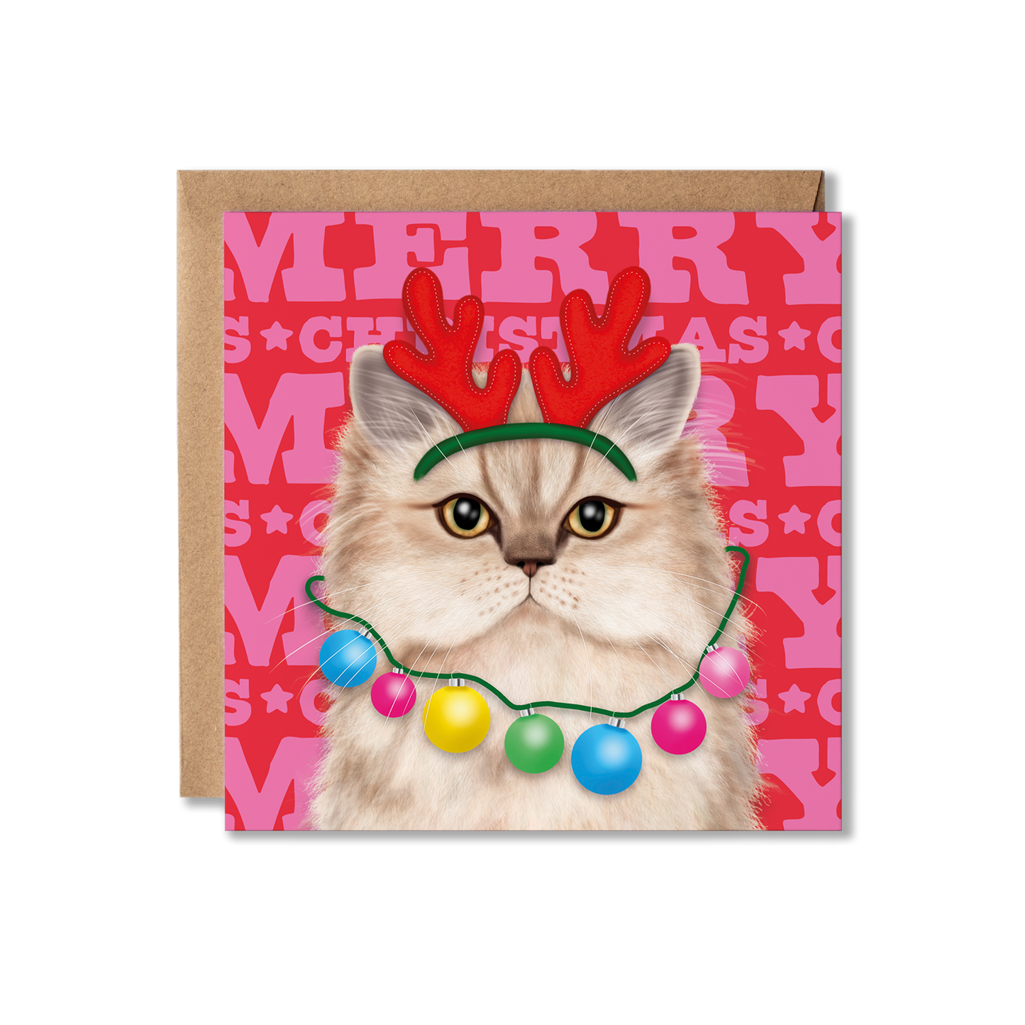A Persian cat with a red antler headband and bauble necklace with a colourful Merry Christmas background