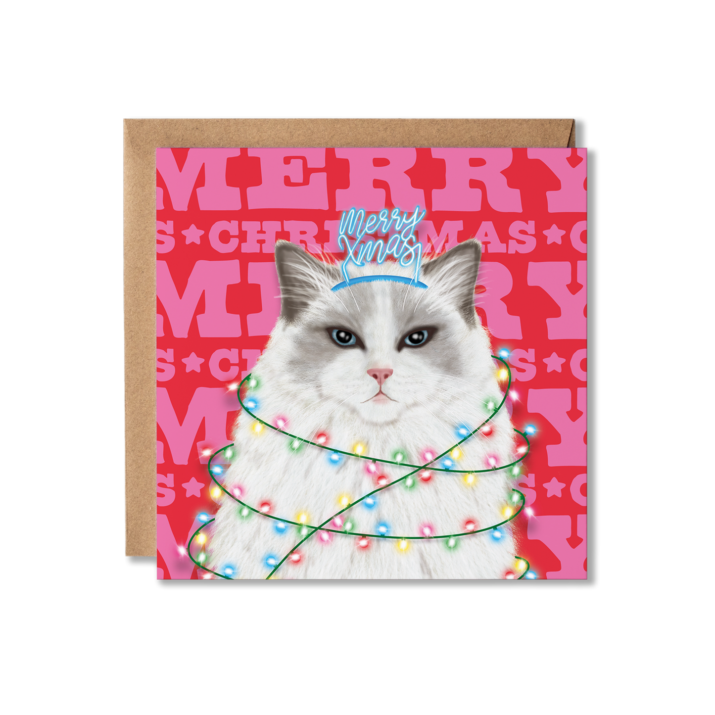A Ragdoll cat with a Merry Xmas headband and wrapped in Christmas lights with a colourful Merry Christmas background