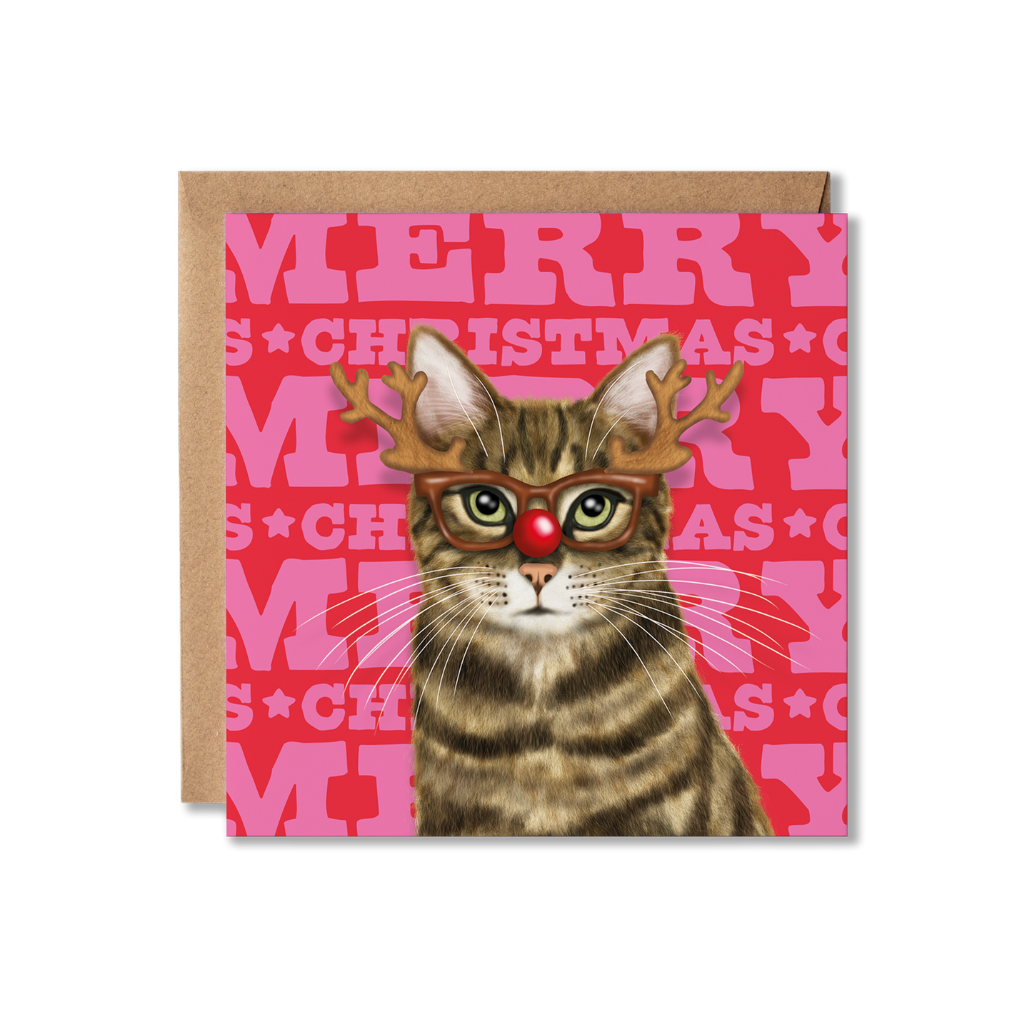 A brown tabby cat wearing reindeer glasses with a colourful Merry Christmas background