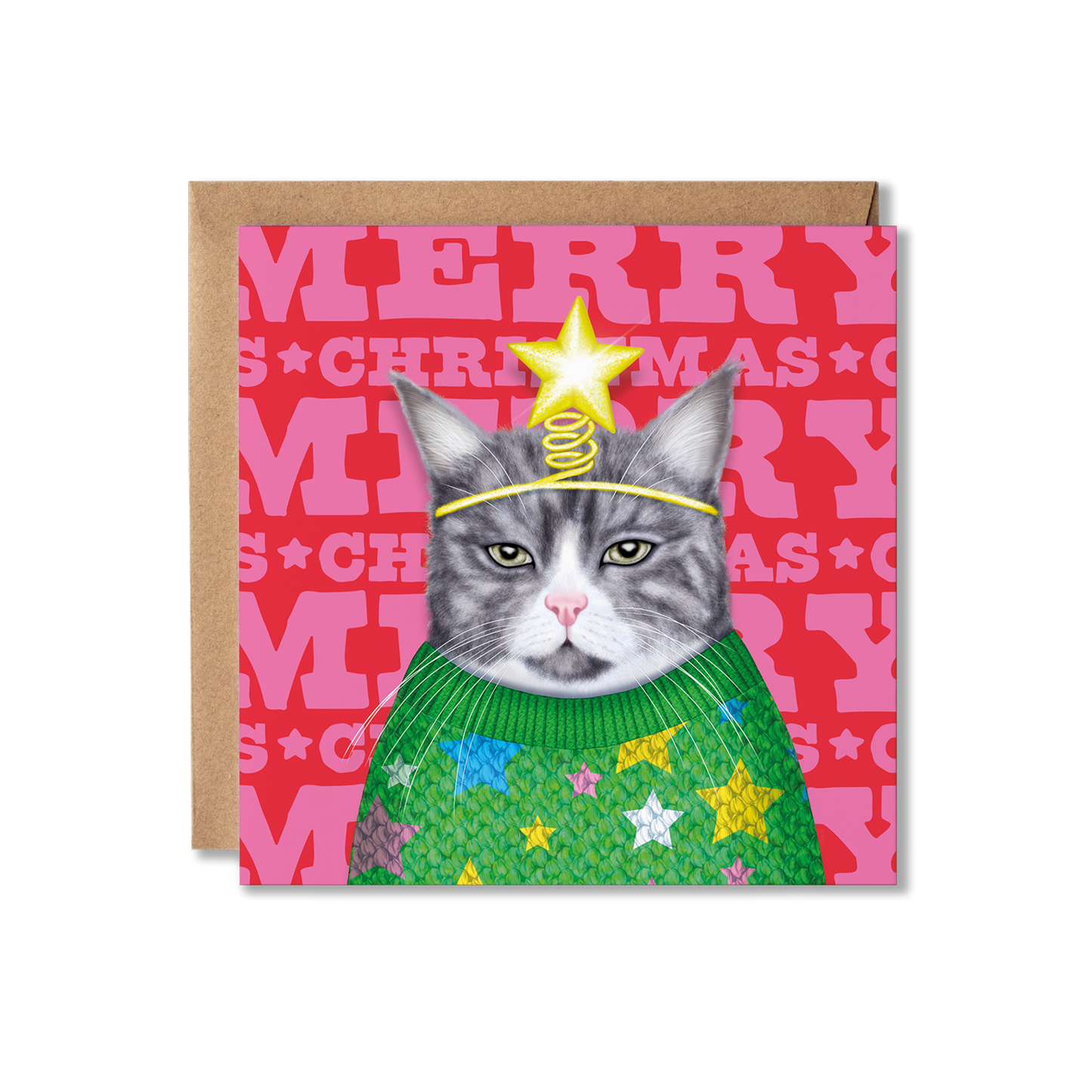 A grey and white cat wearing a green knitted jumper with stars on and a star headband with a colourful Merry Christmas background