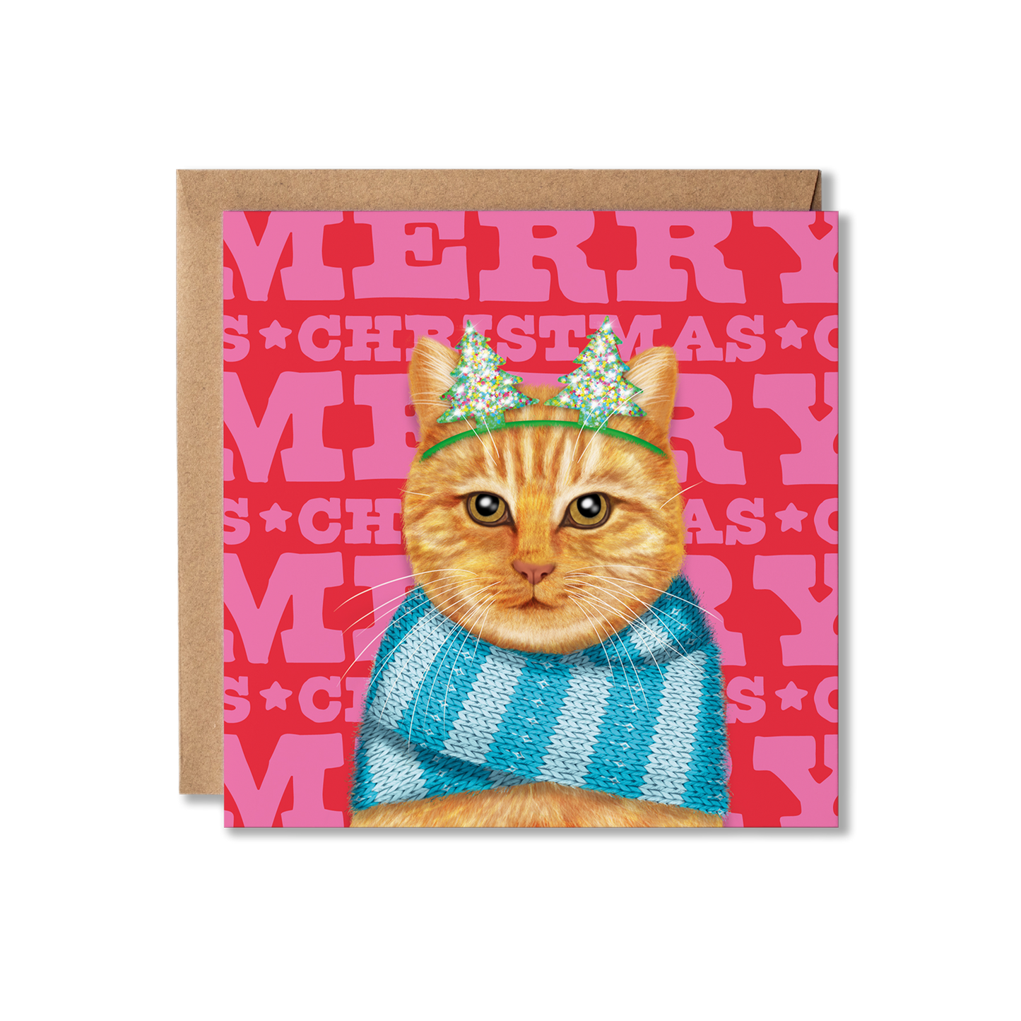 A ginger cat wearing a blue knitted scarf and Christmas tree headband with a colourful Merry Christmas background