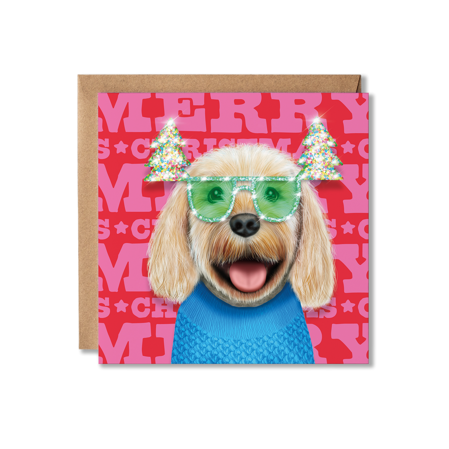 A cream cockerpoo dog in a blue knitted jumper and green Christmas tree glasses with a Merry Christmas background