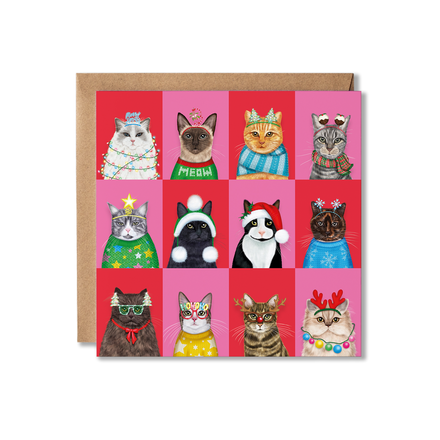 A group of cats in Christmas attire with a colourful chequered background wishing you a Merry Christmas