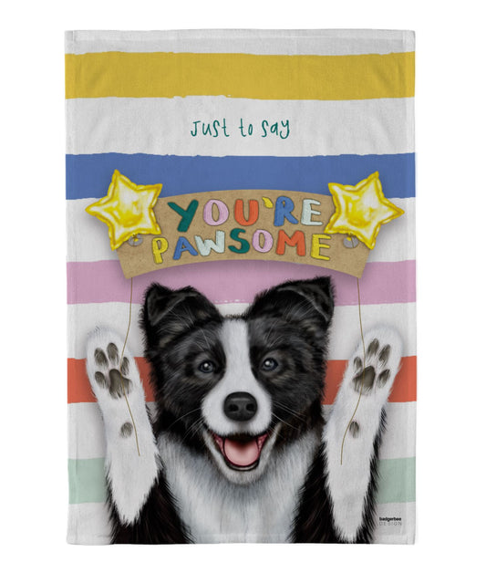 Dog-themed Tea Towel with colorful stripes and a border collie illustration, featuring the text 'Just to say you're pawsome'.