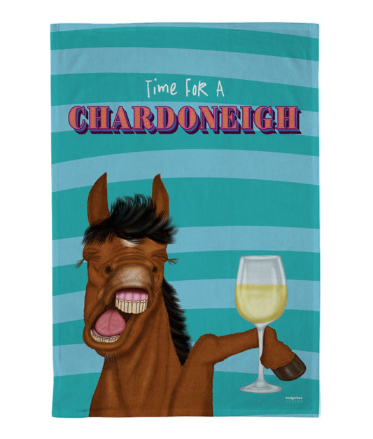 Tea towel with a horse holding a glass of wine and text 'Time For A Chardoneigh' on a blue striped background.