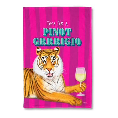 A rectangular printed tea towel with a bright pink striped background, featuring a cartoon tiger holding a glass of white wine and the text 'Time For A PINOT GRRRIO'.